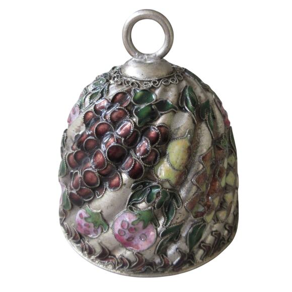 Vintage 80s Cloisonne Bird & Fruit Domed Enamel Silver Tone Bell Cottage 4" - Picture 1 of 6